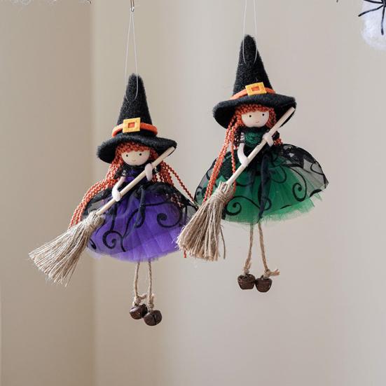 Halloween Witch Doll Decor With Broom Small Witch Figurine With Gauze Skirt