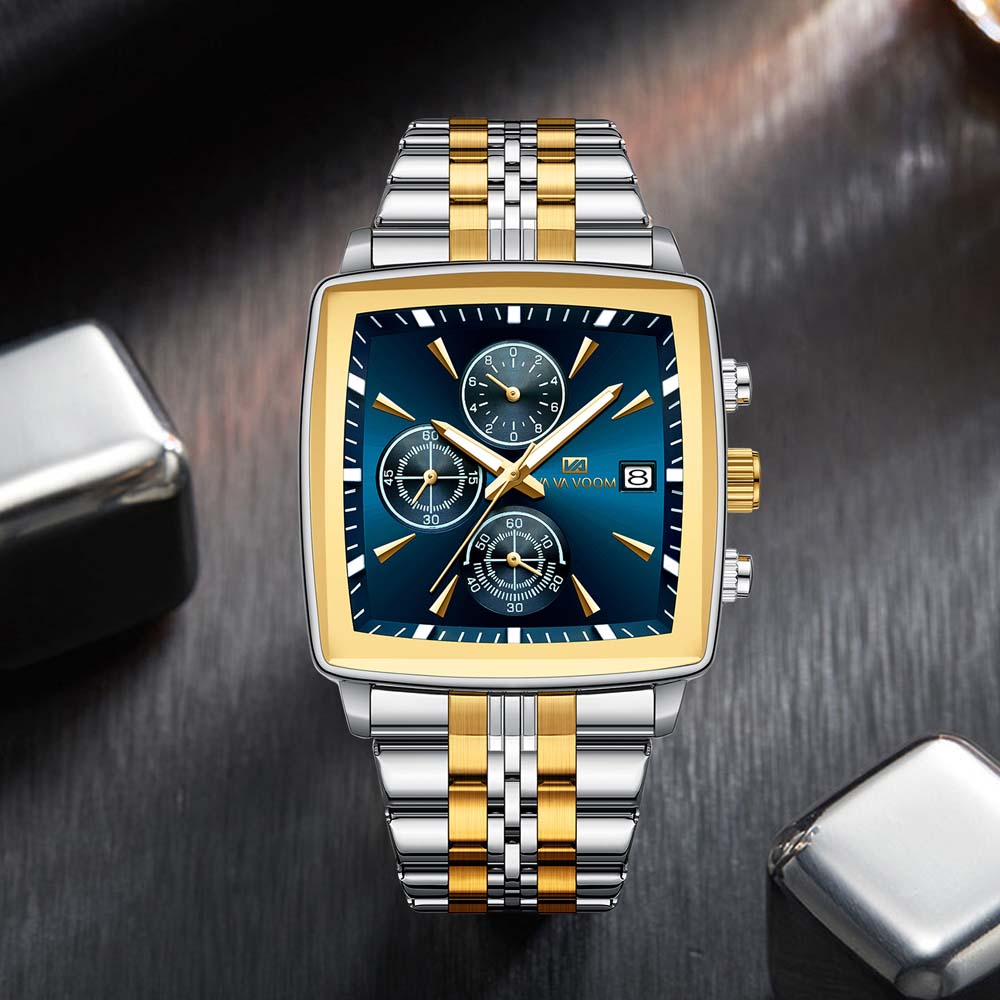 VAVAVOOM Multifunctional Men's Quartz Watch Chronograph Waterproof Luminous Date Display Stainless Steel Men's Wristwatch