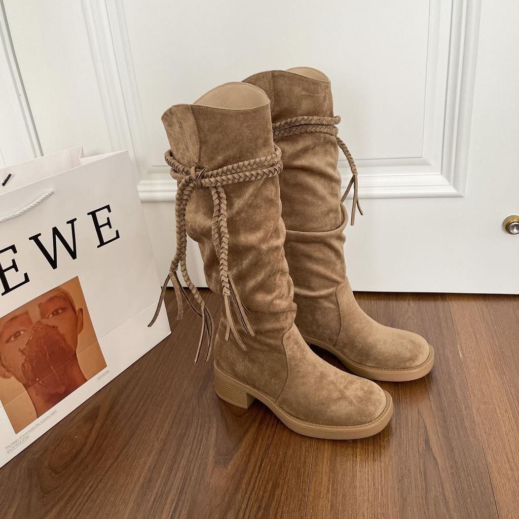 New Spot Tassel Coarse Heel Egyptian Knight Boots~ Tassel Coarse Heel Medium and High Boots British Western Cowboy Boots