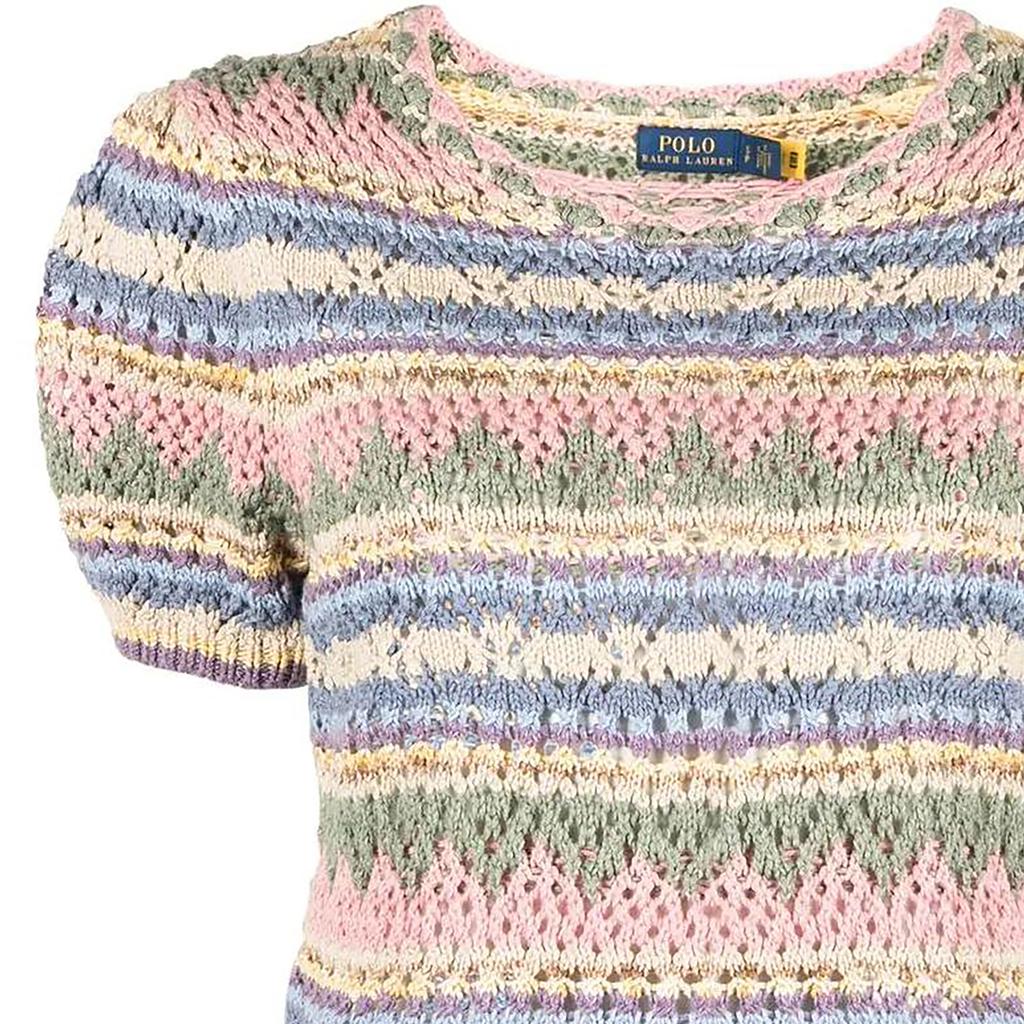 Polo Ralph Lauren SS22 Striped Mesh Knit Short Sleeve Sweater Women Tops Pink 211872825-001