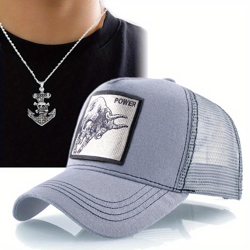 

Комплект из 2 мужских бейсболок, ожерелье, шляпа в стиле хип-хоп, сетчатая шляпа с язычком утки, бейсболка с черепом, подвеска в виде лодки, парная шляпа от солнца серый