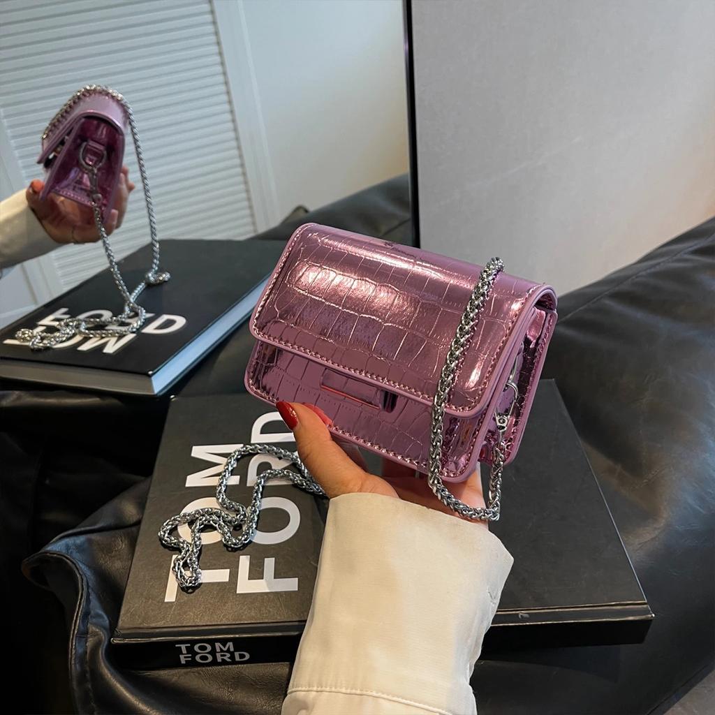 Mini Crossbody Shoulder Bag for Women Fashion PU Crocodile Texture Shoulder Bag with Chain Strap Magnetic for Daily Essentials