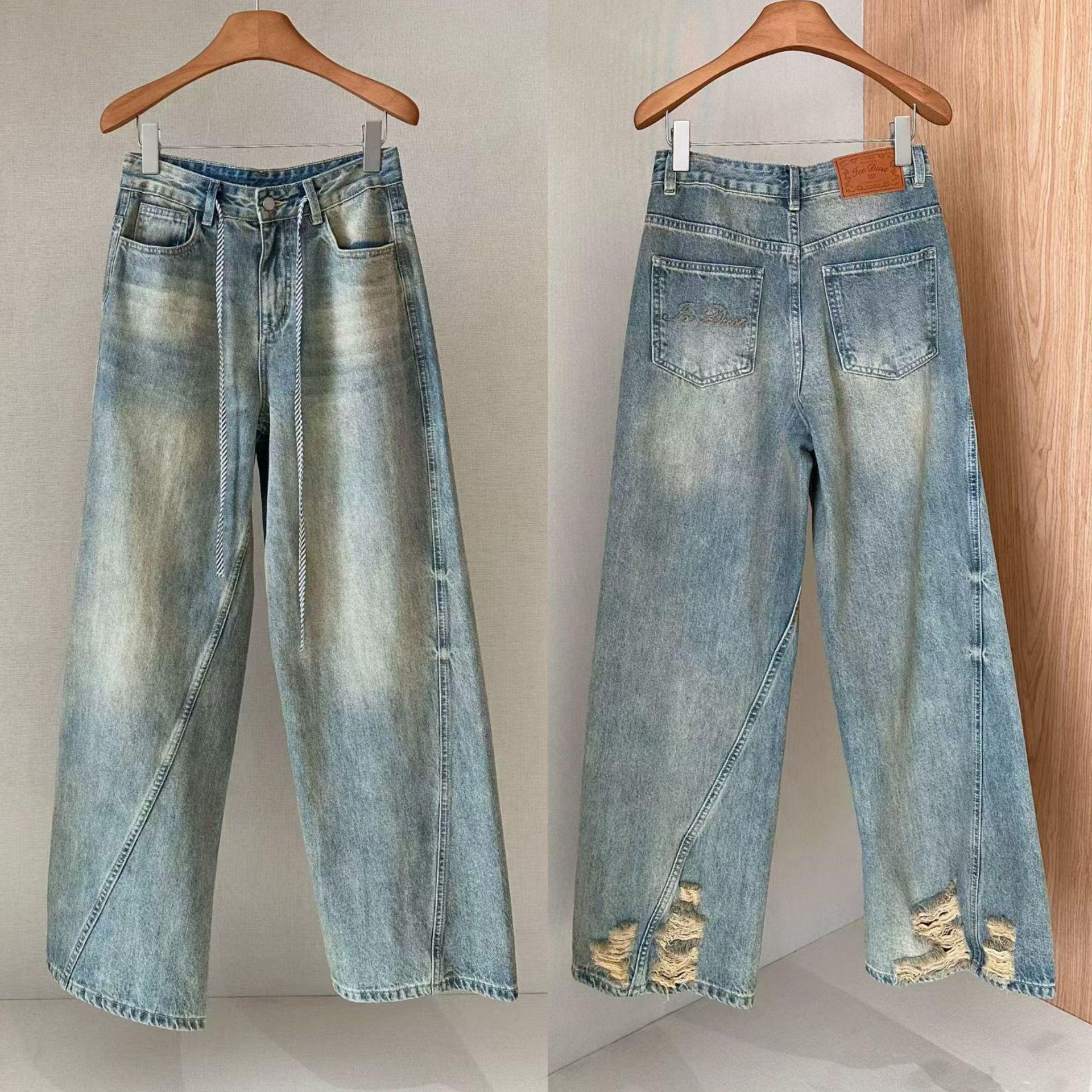 Women s Retro Distressed Light Blue Tassel Jeans - Spring/Summer Straight Leg Design L/58-63kg