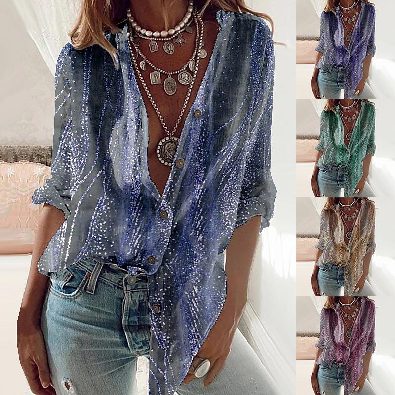 

Топы с v-образным вырезом, осень-зима, женская повседневная уличная элегантная рубашка свободного размера с принтом, блузка на пуговицах в стиле ретро с длинным рукавом