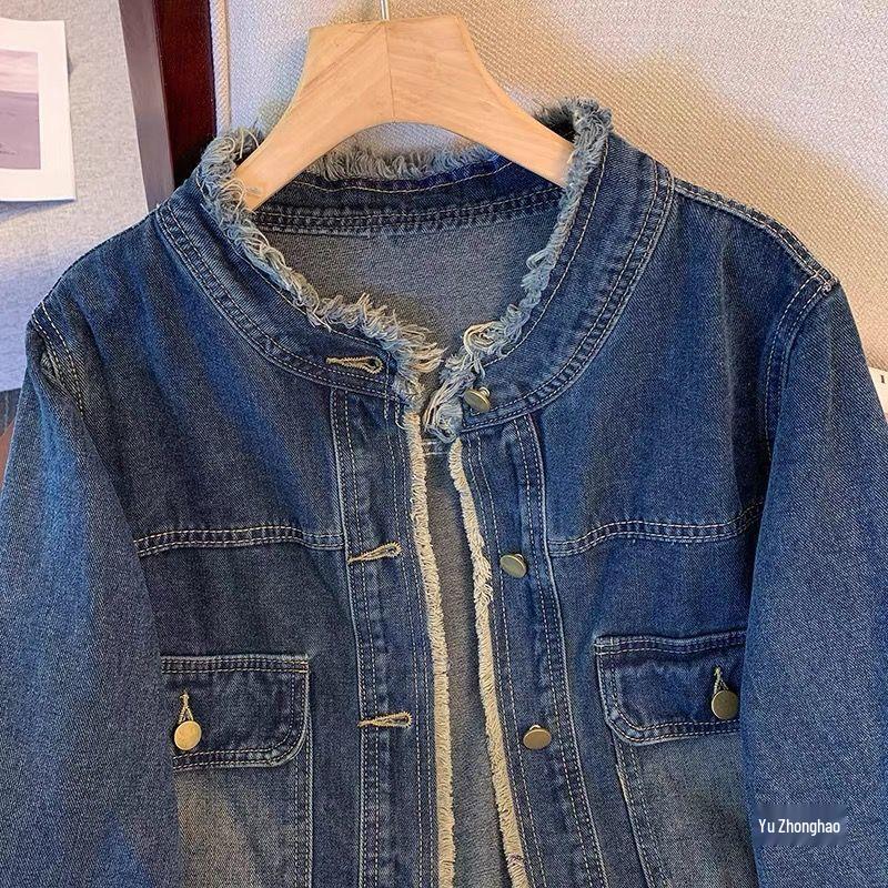 Women's Short Dark Blue Retro Frayed Denim Jacket - Spring/Autumn 2026, New Loose Hong Kong Style