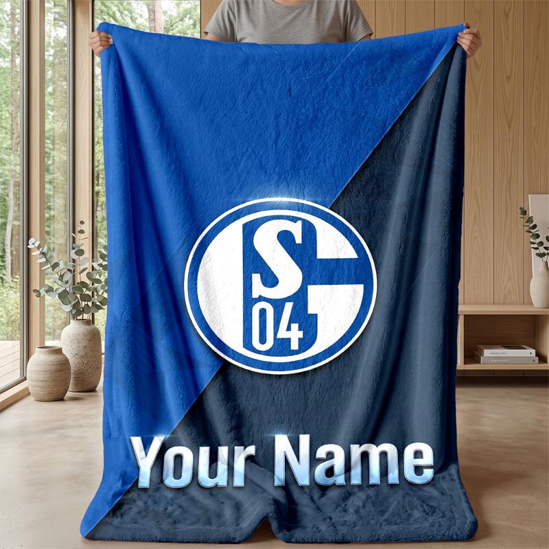 Schalke 04 FC Custom Name Text Flannel Blanket Soccer Logo Personalized Fleece Throw Blanket Special Gift For Sofa Bedroom Home