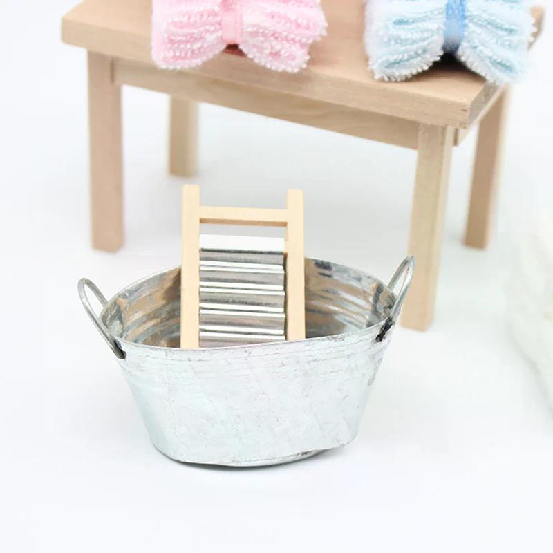 1set 1:12 Dollhouse Miniature Washboard Iron Bucket Bathroom Model Decor Toy Doll House Accessories