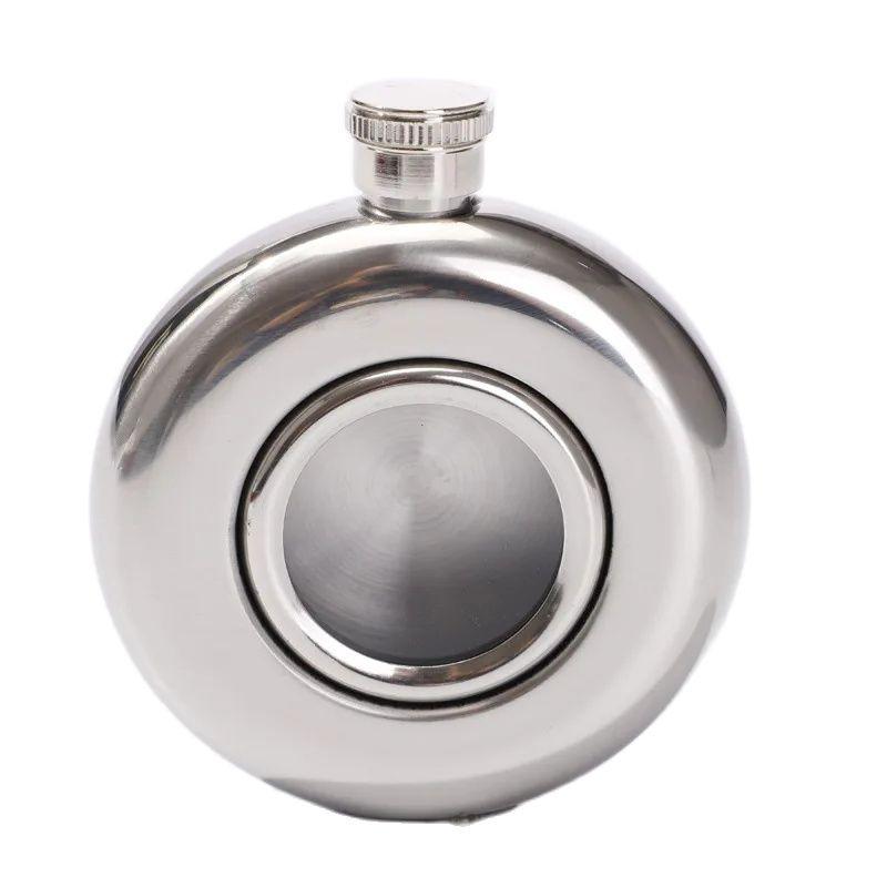 Steel Mini Clear Hip Flask Round Pocket Window Russia Flagon Bar Whisky Bottle 5oz