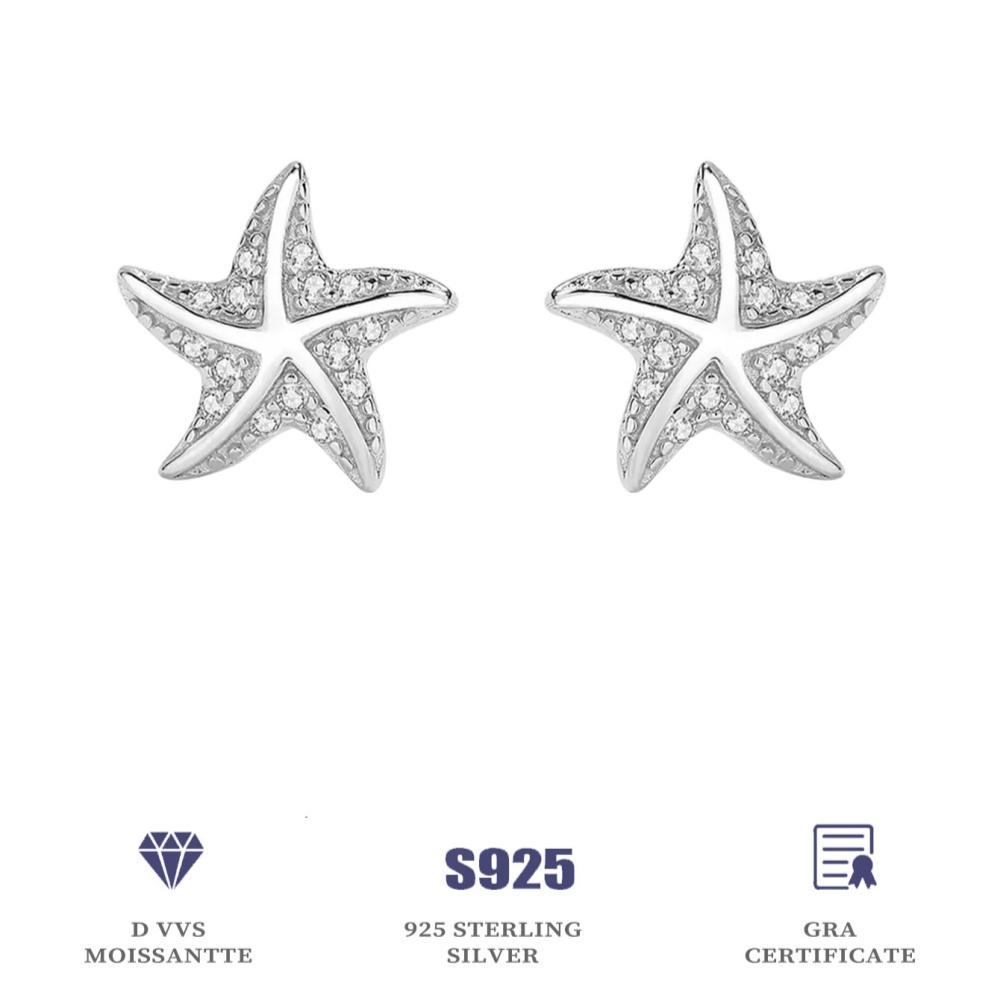 White Starfish Moissanite Stud Earrings Round Cut 925 Sterling Silver Earring