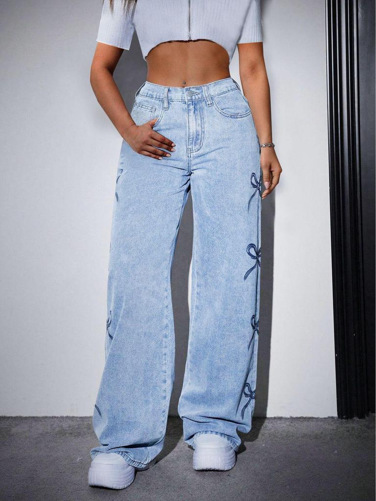 High-Waisted Butterfly Print Casual Jeans