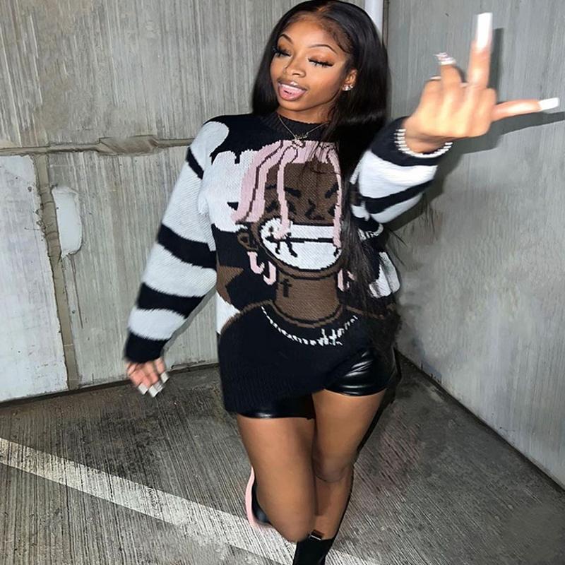 Vintage Cartoon Anime Gestrickte Pullover Männer Winter Übergroßen männer Rock Hip Hop Rap Pullover Frauen Jumper Hässliche Pullover