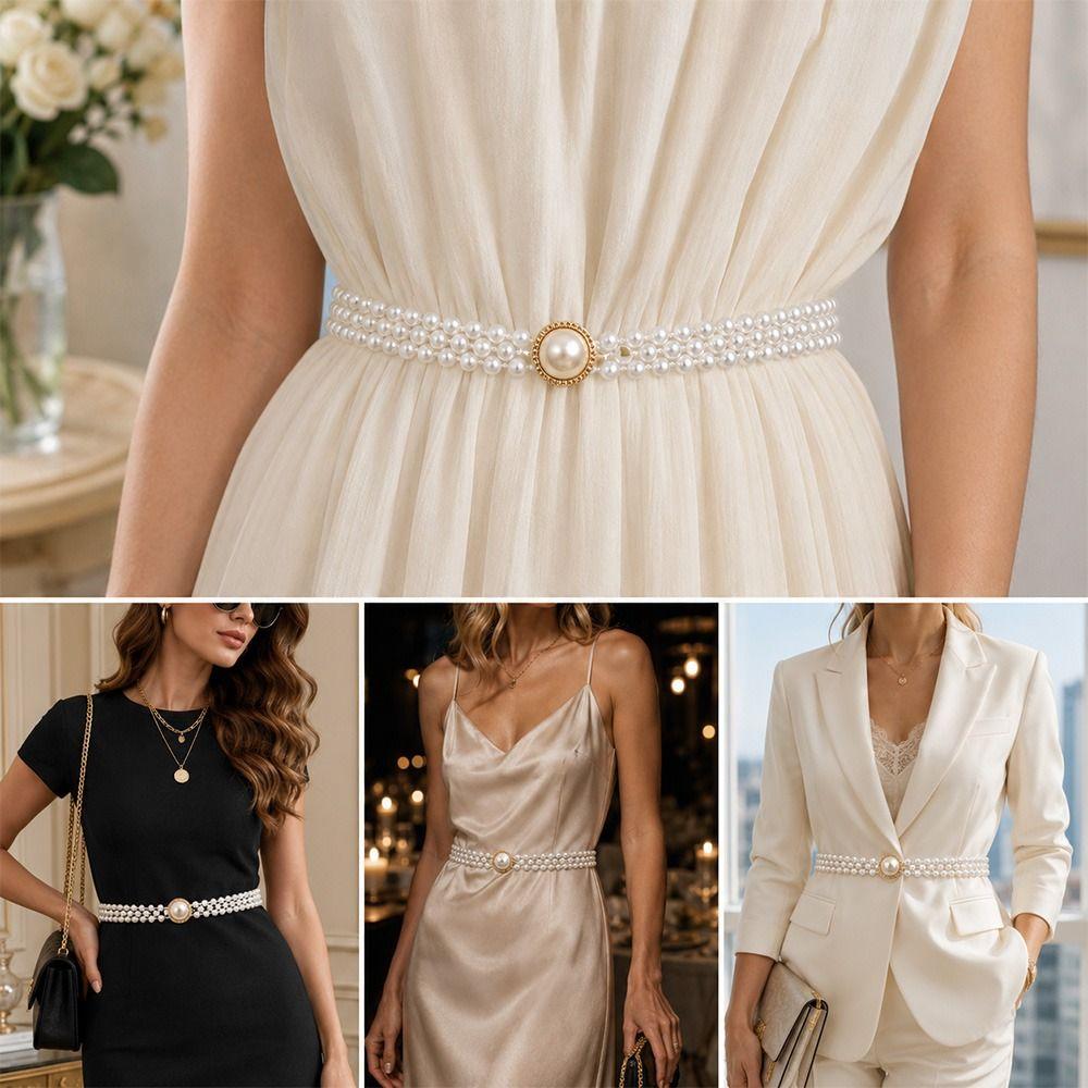 Stretch Elastic Band Pearl Waist Chain Pearl Beads Elastic Waistband Rhinestone Decor Strap Party