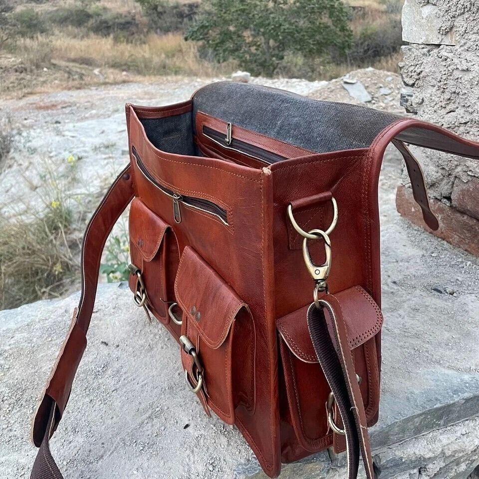 Men's Leather Messenger Satchel Shoulder Briefcase Business Bag Hand-Made