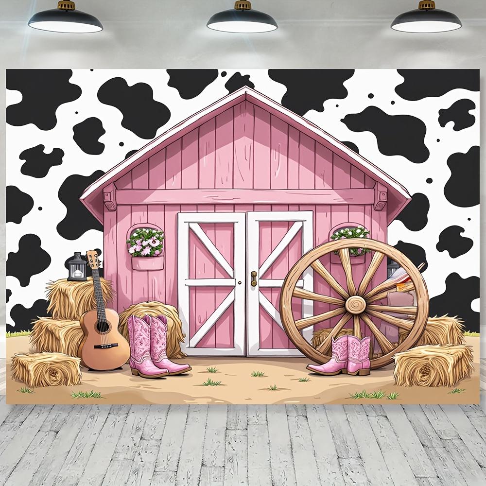 1 piece of 2D flat banner - Western barn party background - featuring pink barn cattle patterns small carts and guitar design 150x210 CM