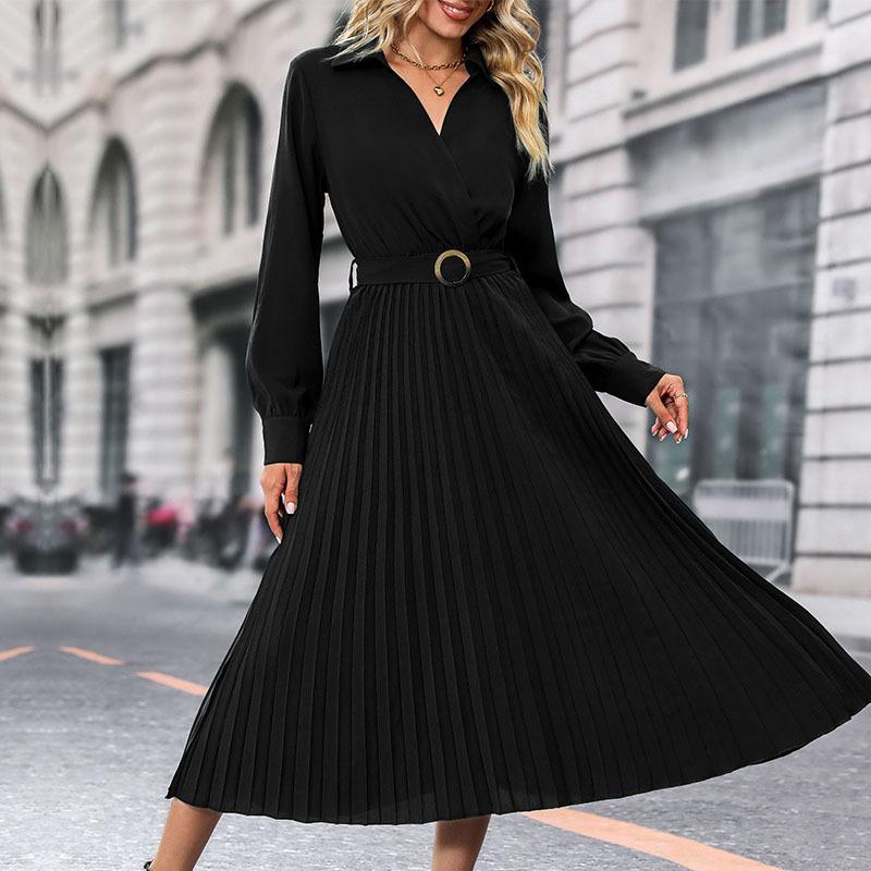 YYFS Damenmode Frühling Herbst Einfarbig Druck Langarm POLO Hals Casual Kleider