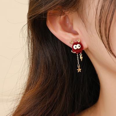 Dragon Life Earrings Red Flocking New Chinese Style Stud Earrings Velvet Cartoon Cute Earrings Women's Autumn and Winter