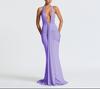 Elegant Halter Neck Deep V Waist-Cinching Long Fishtail Dress with Open Back and Flowing Ribbon