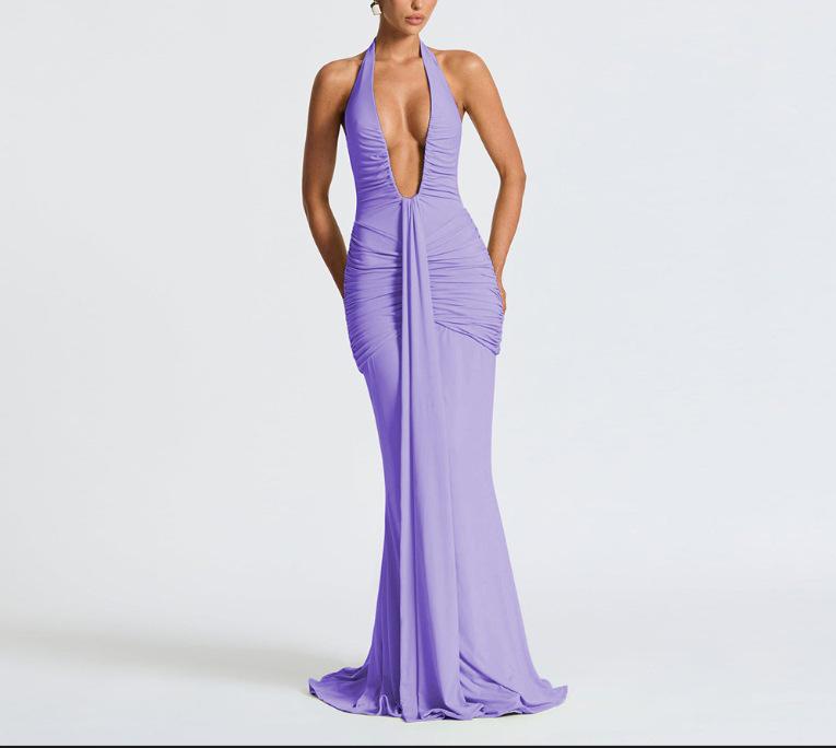 Elegant Halter Neck Deep V Waist-Cinching Long Fishtail Dress with Open Back and Flowing Ribbon