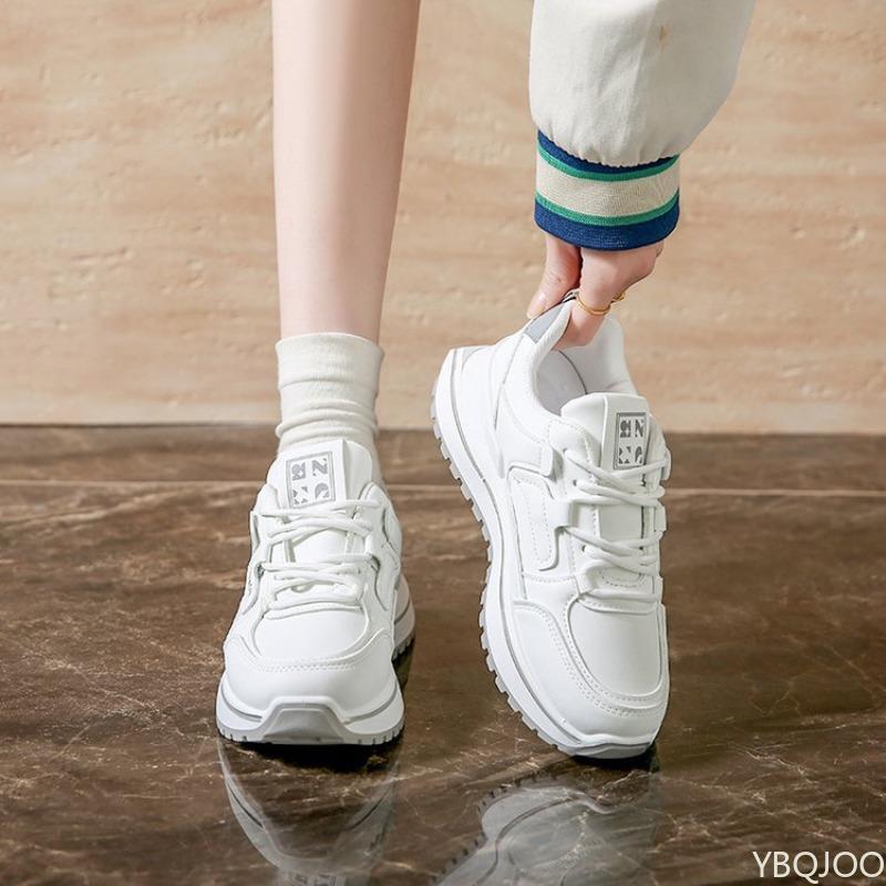 Fashion Round toe lace up white shoes for women new spring low top running sports shoes thick soled height increasing women's shoes