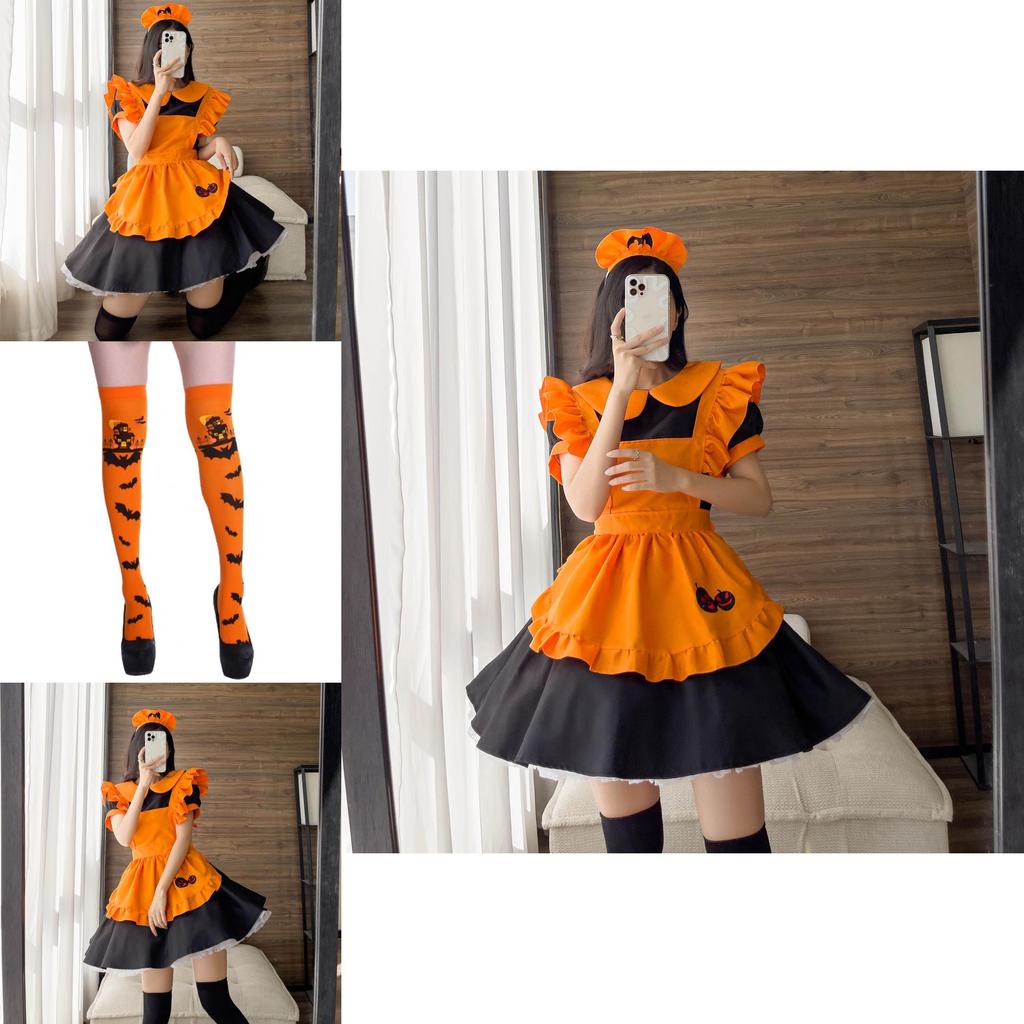 Cute Lolita Pumpkin Maid Halloween Party Costume Dress With Headdress