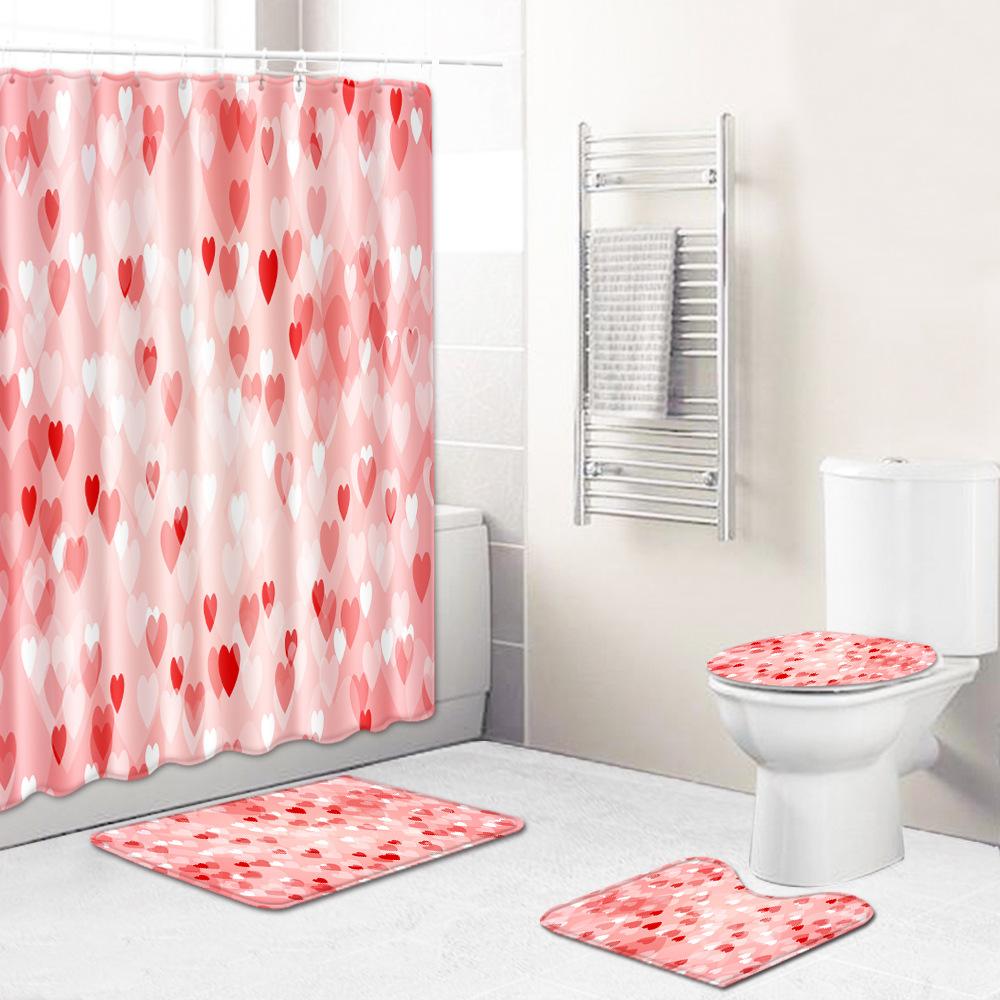 Love Valentine'S Day Shower Curtain Floor Mat Four-Piece Set Bathroom Non-Slip Door Mat Bedroom Carpet