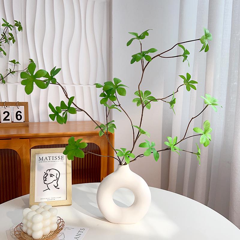 Green Plants Ceramic Vase with Hanging Bells and Artificial Flowers - Home Decoration Props