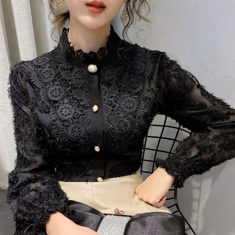 

Сплошной цвет, сексуальная кружевная рубашка с длинными рукавами, женская весенняя корейская версия, простая универсальная рубашка с тонким стоячим вырезом 2XL чёрный