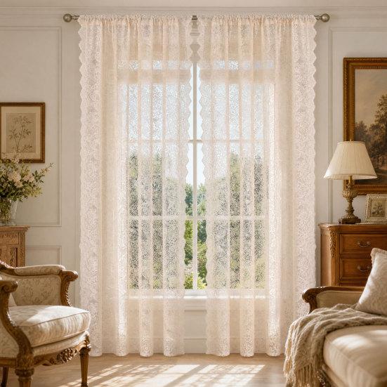 1 Panel Sheer Lace Curtain, Vintage Floral Lace Curtain with Rod Pocket, Light Filtering Window Curtain Panel for Living Room Bedroom Window Closet