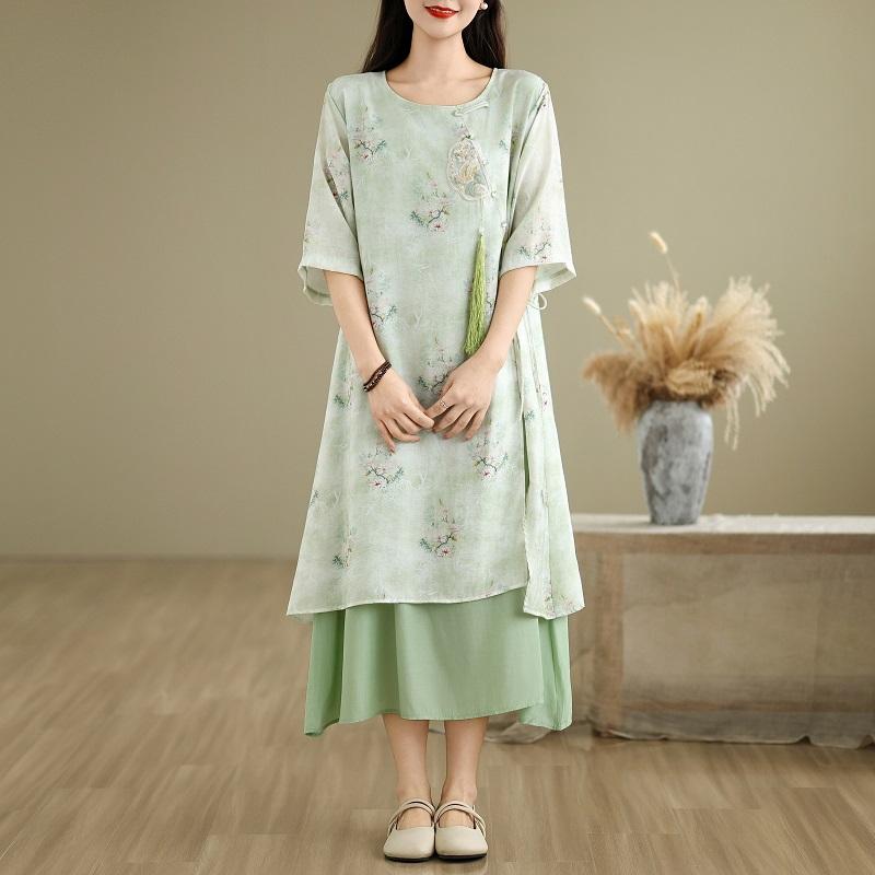 

Dimanaf 2025 Лето Женское Платье Больших Размеров Цветочное Платье Шифоновое Элегантное Базовое Винтажное Повседневное Свободное Макси Платье XL зелёный