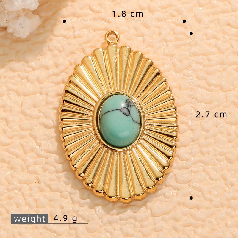 European Retro Turquoise Geometric Oval Pendant - Stainless & Titanium Steel Jewelry for Women