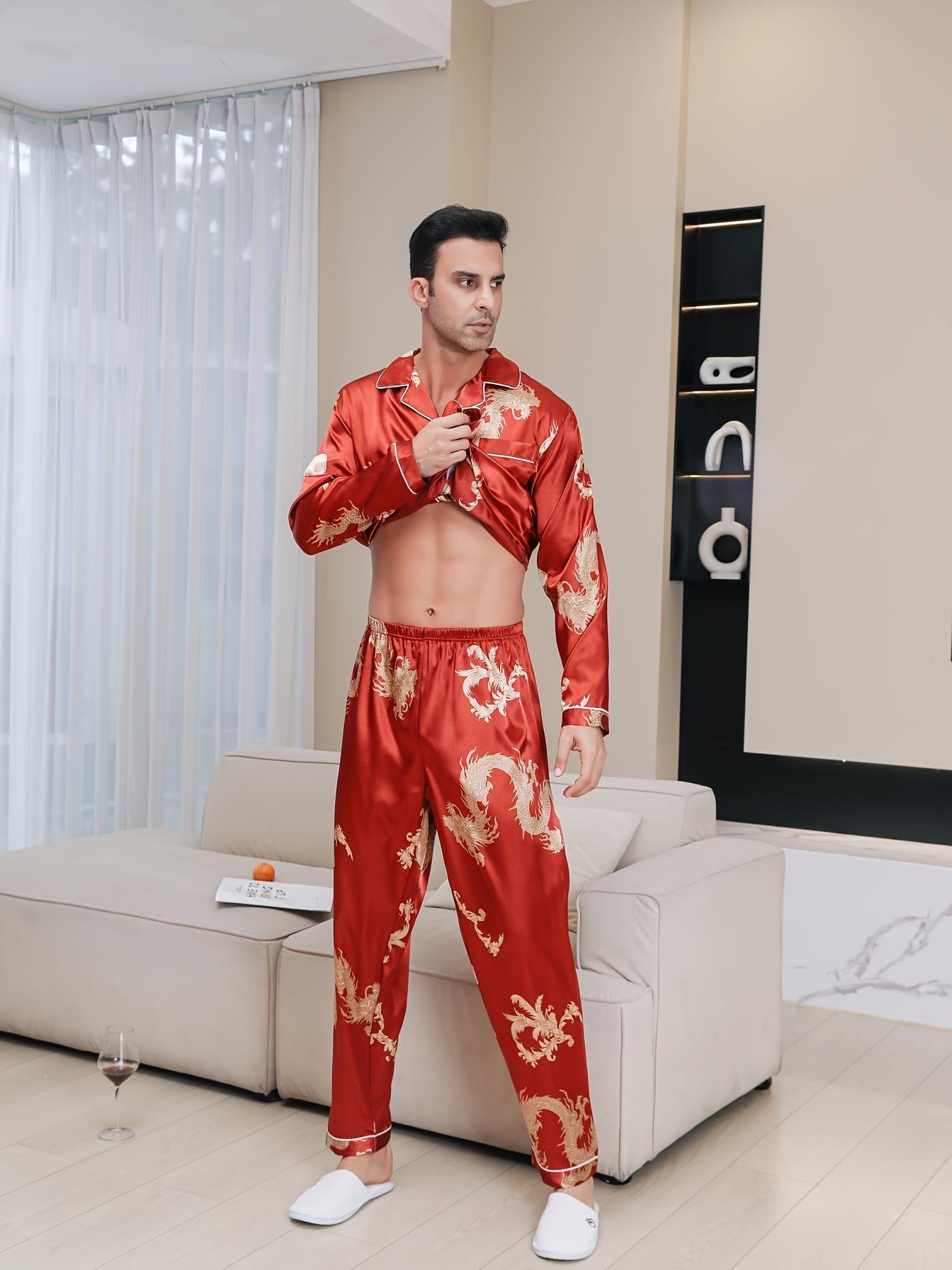 

Мужская пижама Moolmeyno Ice Silk с длинными рукавами и брюками M китайский красный