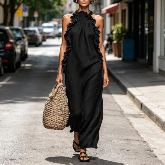 Summer Maxi Dress for Women Ruffle Halter Sleeveless Long A-Line Dress Casual Beach Vacation Flowy Sundress