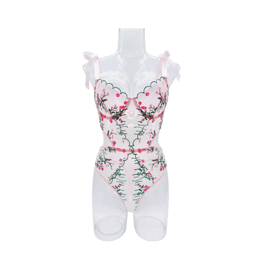 Conjunto de una pieza sexy y divertido de malla ultrafina con bordado floral francés nuevo de otoño