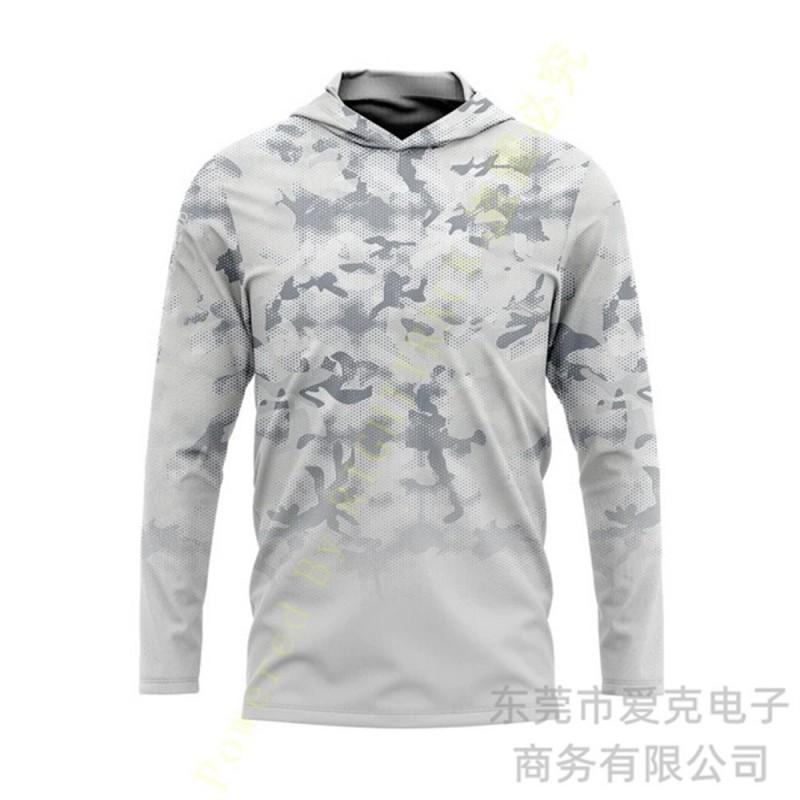 Mens Quick-Dry Long Sleeve Fishing Jacket With Hood Camouflage UV Protection Outdoor Sport Wear