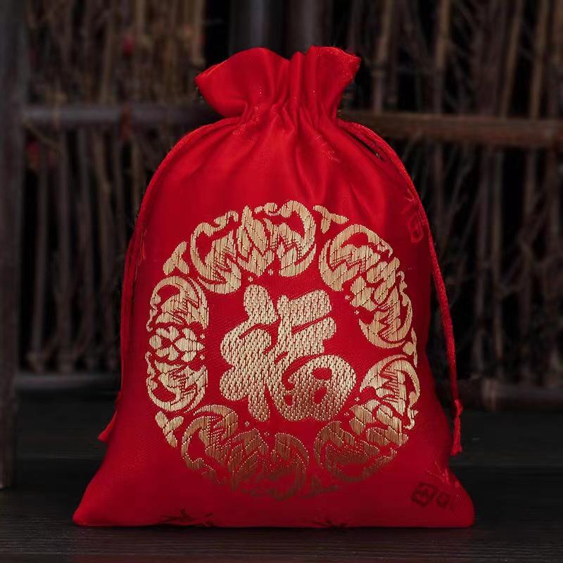 Red Lucky Spring Festival Gift Bag: Creative Fu Character Candy & Jewelry Drawstring Bag Lucky Bag 10x13cm