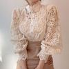Lace Hollow Out Hook Flower Blouse Women Cotton Shirts Button White Black Top Long Sleeve Stand Collar Elegant Shirt