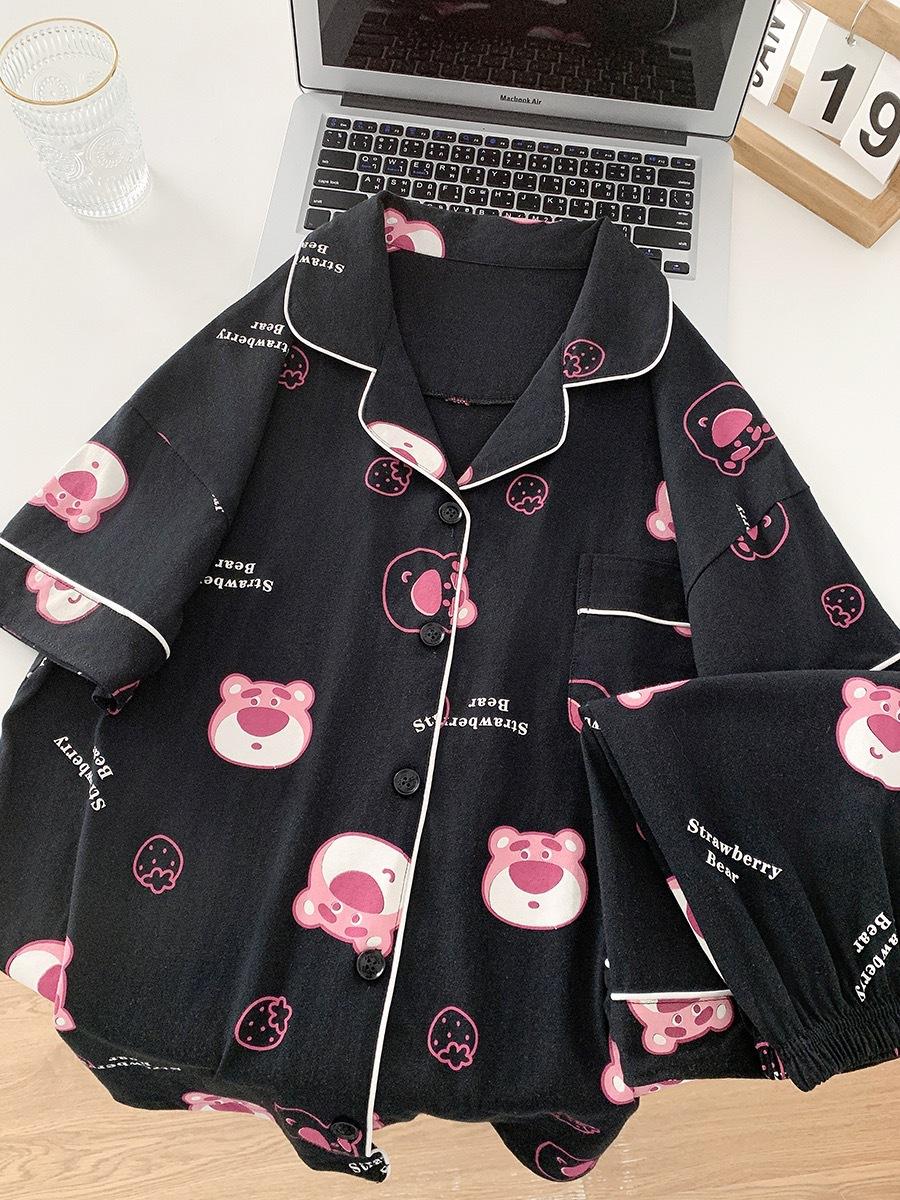 

Korean version full of printed strawberry bear black pajamas women s summer short-sleeved shorts cardigan two-piece casual loose loungewear S