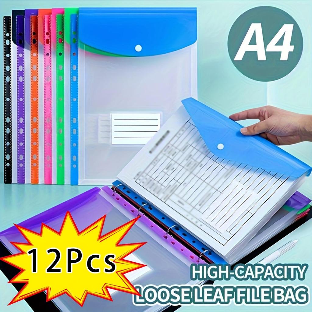 Cartelline Espandibili A4 ad Alta Capacità con Chiusura a Pulsante, Tasche per Raccoglitore ad Anelli 11 Fori, in Colori Vivaci - Confezione da 6/12