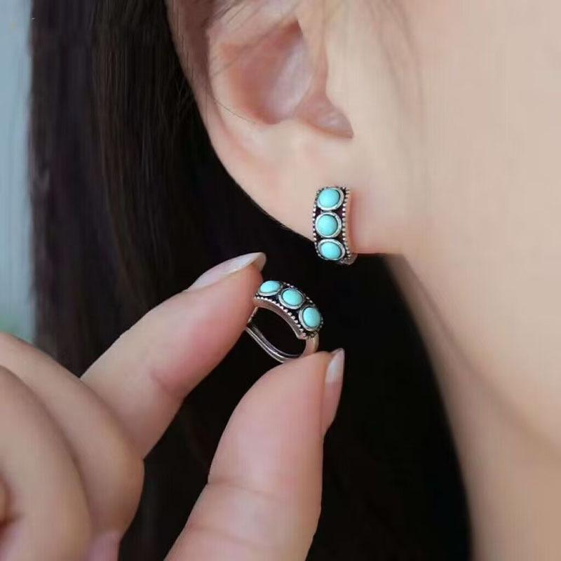 Imitation Natural Turquoise Traditional Ethnic Style Daily Basic Style Neutral Couple Niche Temperament Can Wear Ear Buckles