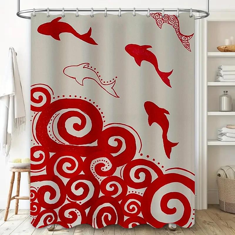 Red and White Geometric Fish Shower Curtain Modern Bathroom Decor for Home Use Waterproof Fabric with Grommets Easy Install Mach