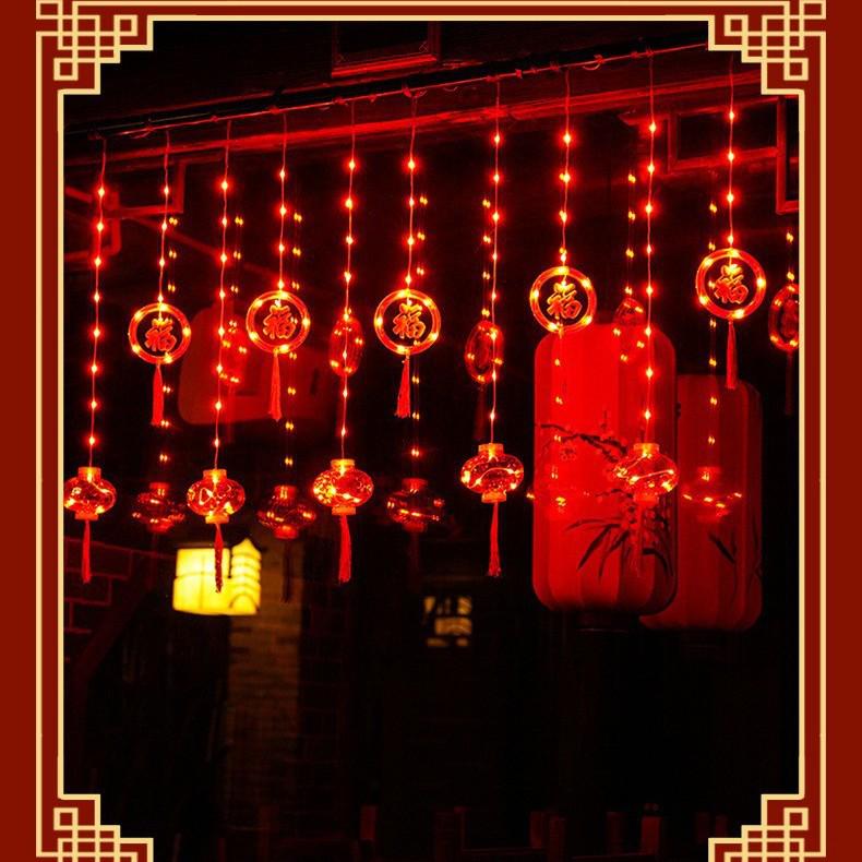 2025 New Year Red Lantern LED Curtain String Lights - Home Atmosphere Decoration with Fu Character