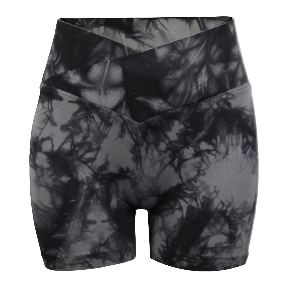 

Европейские и американские шорты для йоги с эффектом тай-дай и V-образным поясом для женщин - Подтягивающие ягодицы, Трехточечный дизайн L глубокий/чёрный