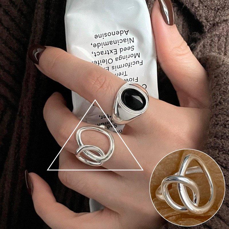 Women's Retro Black Oval Geometric Open Ring - Versatile Fashion Index Finger Jewelry