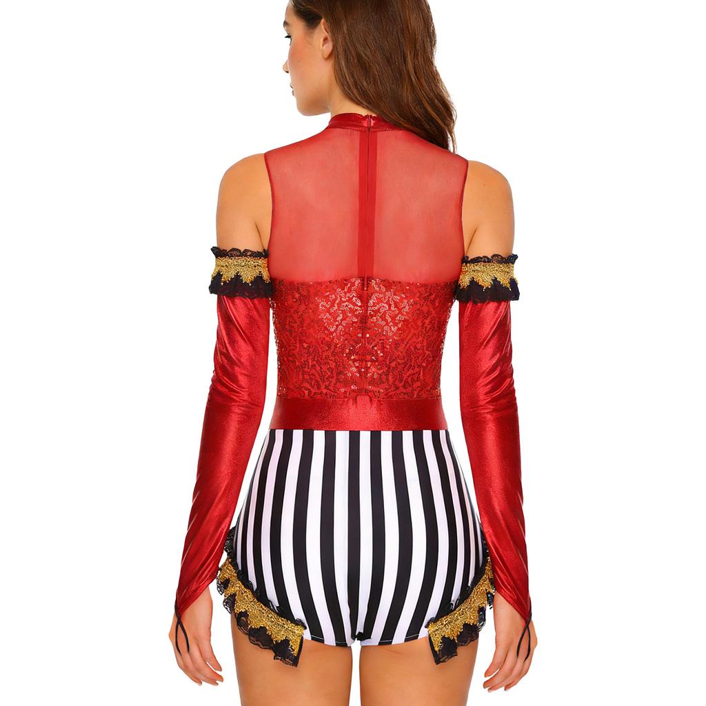 Adult Circus Ringmaster Bodysuit Sequined Patchwork Ruffled Hem Leotard and Metallic Gloves for Halloween Dress Up Party