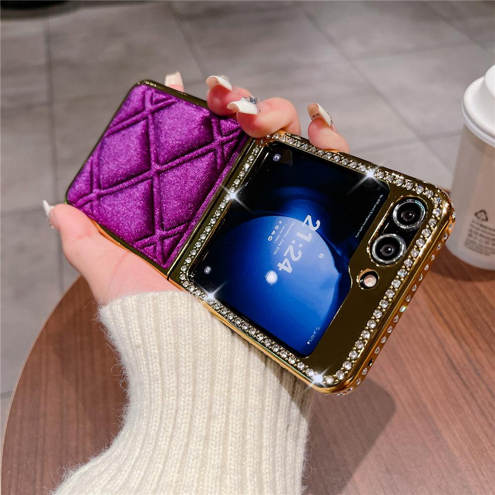Luxury Bling Diamond Leather Plating Case For Samsung Galaxy Z Flip 6 Flip 5 Flip 3 4 Shockproof Cover Funda