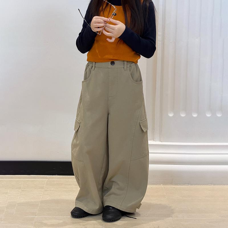 Kids Korean Style Casual Wide Leg Cargo Trousers With Side Pockets