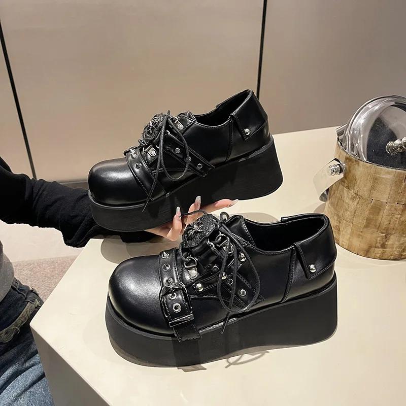 Spice Platform Shoes Punk Black Lace-up Platform Shoes Goth Women's Shoes Round Head Jk Small Leather Children