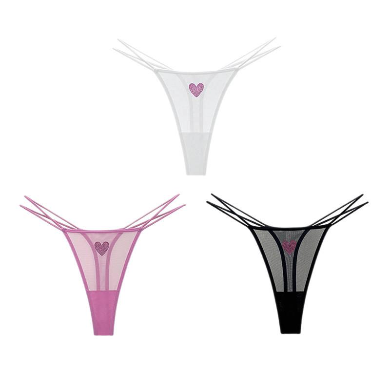 

3Pcs Women Low Waist Thong Double Elastic Waist Rhinestone Sheer Mesh Sexy Underwear Set White Black Pink S