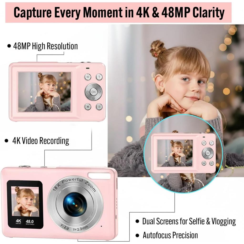 4K 48MP digital camera for teens with autofocus and dual-screen selfie feature – 18x zoom, built-in fill light