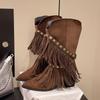 Pointed High Heels Western Denim Rivets Fringed Short Boots Women's 2025 Autumn and Winter New Fashion Wedge Heel Martin Boots